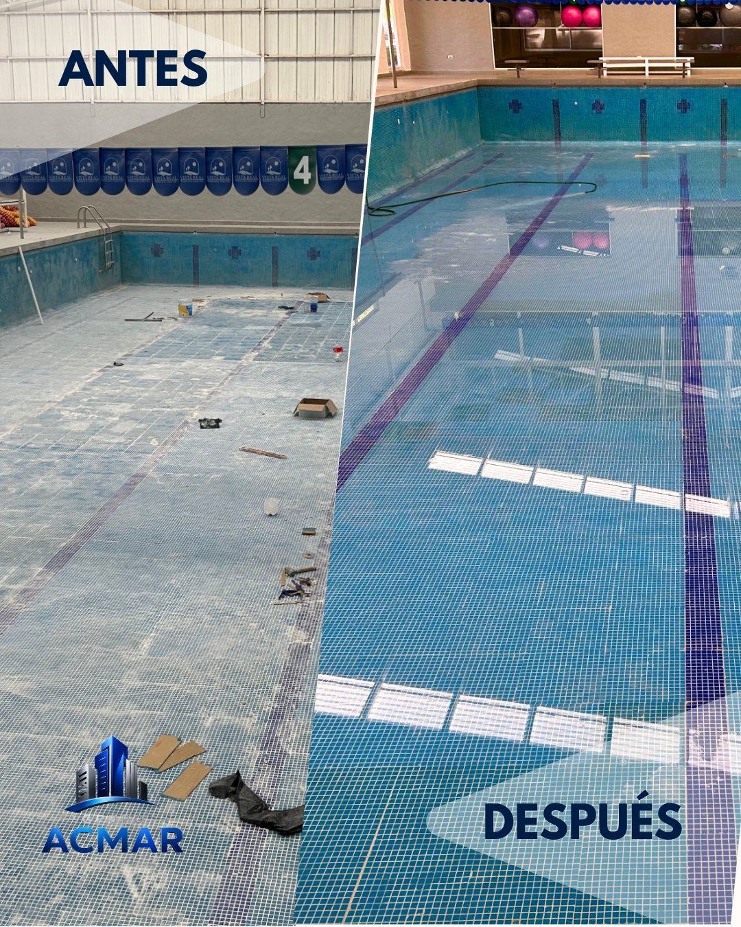 Antes y después de impermeabilización de alberca